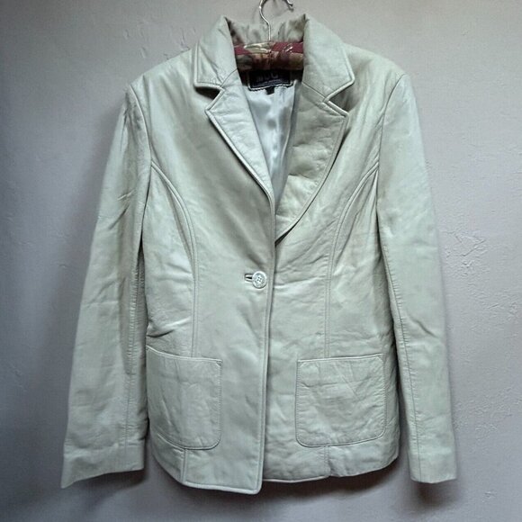 MOGU Women's Blazer Jacket Single Breasted Leather Sport Coat Cream XS - Picture 1 of 10